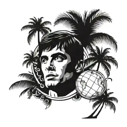 Scarface with the globe of the world is yours in the back with some palm trees tattoo design idea