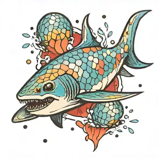 disco ball shark swimming tattoo design idea