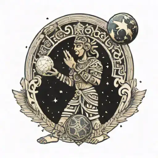 aztec calendar and a moon with a galaxy filled with stars and a boy standing on the aztec temple holding a soccer ball  tattoo design idea