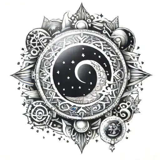aztec calendar and a moon with a galaxy filled with stars  tattoo design idea