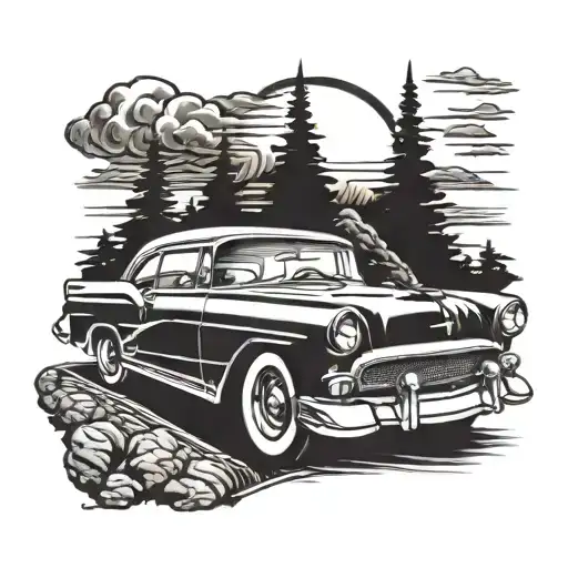 50s muscle car driving sunset scene tattoo design idea