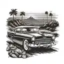 50s muscle car driving sunset scene tattoo design idea