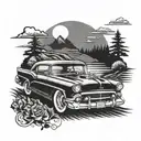 50s muscle car driving sunset scene tattoo design idea