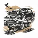50s muscle car driving sunset scene tattoo design idea