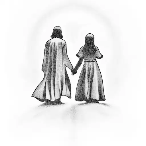 get a tattoo with plenty of shadow with Jesus and a child walking towards salvation tattoo design idea