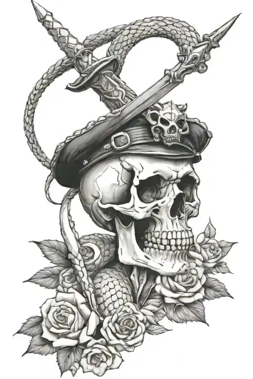 girlie skull with dagger and snake slithering tattoo design idea