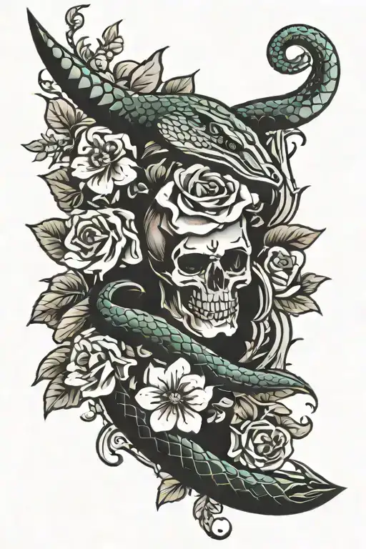 girlie skill with flowers, dagger and snake tattoo design idea