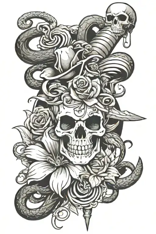 a feminene flower with a skull which has a dagger in the top and a snake twisting through it  tattoo design idea