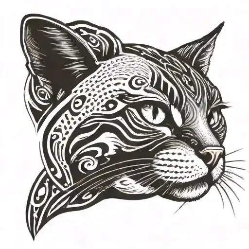 Halftone curved lines sketch of half of a cat's head. In an oval frame. The cat is black and white. tattoo design idea