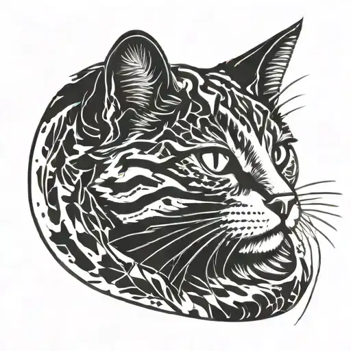Halftone curved lines sketch of half of a cat's head. In an oval frame. The cat is black and white. tattoo design idea