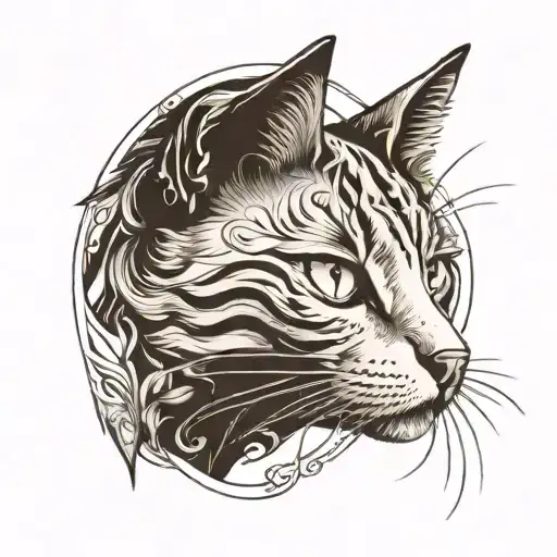 Halftone curved lines sketch of half of a cat's head. In an oval frame. The cat is black and white. Minimalism tattoo design idea