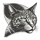 Halftone curved lines sketch of half of a cat's head. In an oval frame. The cat is black and white. tattoo design idea