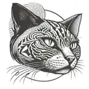 Halftone curved lines sketch of half of a cat's head. In an oval frame. The cat is black and white. tattoo design idea