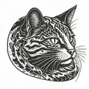 Halftone curved lines sketch of half of a cat's head. In an oval frame. The cat is black and white. tattoo design idea