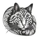 Halftone curved lines sketch of half of a cat's head. In an oval frame. The cat is black and white. tattoo design idea