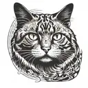 Halftone curved lines sketch of half of a cat's head. In an oval frame. The cat is black and white. tattoo design idea