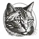 Halftone curved lines sketch of half of a cat's head. In an oval frame. The cat is black and white. tattoo design idea