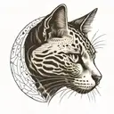 Halftone curved lines sketch of half of a cat's head. In an oval frame. The cat is black and white. Minimalism tattoo design idea