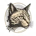 Halftone curved lines sketch of half of a cat's head. In an oval frame. The cat is black and white. Minimalism tattoo design idea