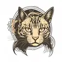 Halftone curved lines sketch of half of a cat's head. In an oval frame. The cat is black and white. Minimalism tattoo design idea