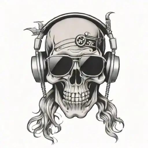 A skull wearing headphones and sunglasses, with a heavy metal band logo on its forehead tattoo design idea