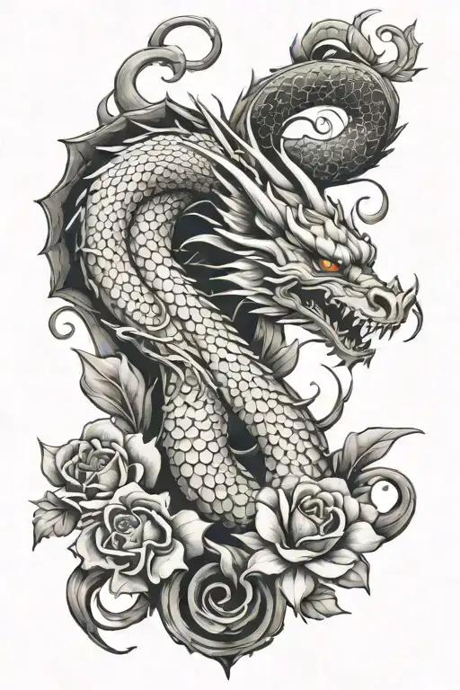A dragon with flowers in the form of infinity tattoo design idea