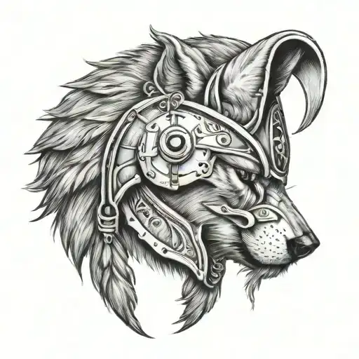 Wolf head profile wearing a classic Spartan helmet tattoo design idea