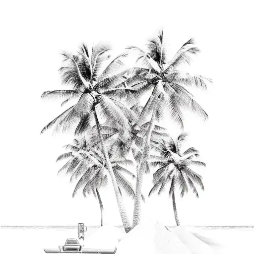 A serene beach scene with palm trees and an off-road vehicle parked nearby, capturing your favorite things of the beach and off-road vehicle tattoo design idea