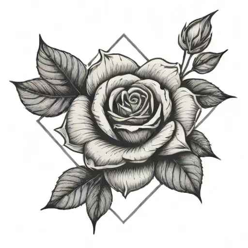 A micro-realistic tattoo of a rose with 4 leaves surrounded by a 3-sided square and inside a half-open circle with bay l tattoo design idea
