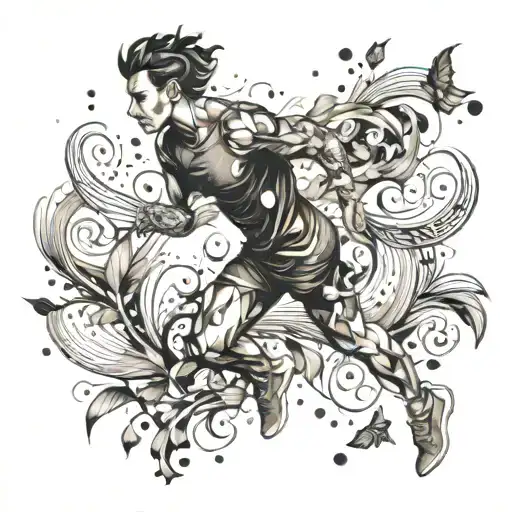 An abstract tattoo design of a runner surrounded by swirling wind and leaves, representing the feeling of freedom and movement tattoo design idea