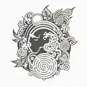 A tattoo design inspired by Avatar the Last Airbender, featuring elements of the four bending arts (water, earth, fire, air) intertwined with intricate plant motifs tattoo design idea