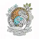 A tattoo design inspired by Avatar the Last Airbender, featuring elements of the four bending arts (water, earth, fire, air) intertwined with intricate plant motifs tattoo design idea