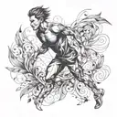 An abstract tattoo design of a runner surrounded by swirling wind and leaves, representing the feeling of freedom and movement tattoo design idea