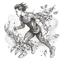 An abstract tattoo design of a runner surrounded by swirling wind and leaves, representing the feeling of freedom and movement tattoo design idea