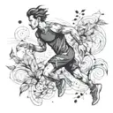 An abstract tattoo design of a runner surrounded by swirling wind and leaves, representing the feeling of freedom and movement tattoo design idea