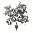 A tattoo design inspired by Avatar the Last Airbender, featuring elements of the four bending arts (water, earth, fire, air) intertwined with intricate plant motifs tattoo design idea