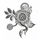 A tattoo design inspired by Avatar the Last Airbender, featuring elements of the four bending arts (water, earth, fire, air) intertwined with intricate plant motifs tattoo design idea