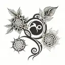 A tattoo design inspired by Avatar the Last Airbender, featuring elements of the four bending arts (water, earth, fire, air) intertwined with intricate plant motifs tattoo design idea