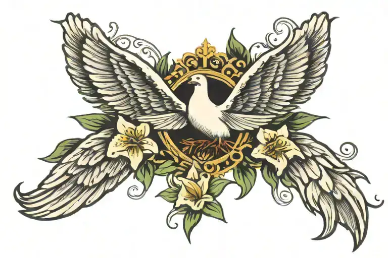 cross with dove wings and lilies  tattoo design idea