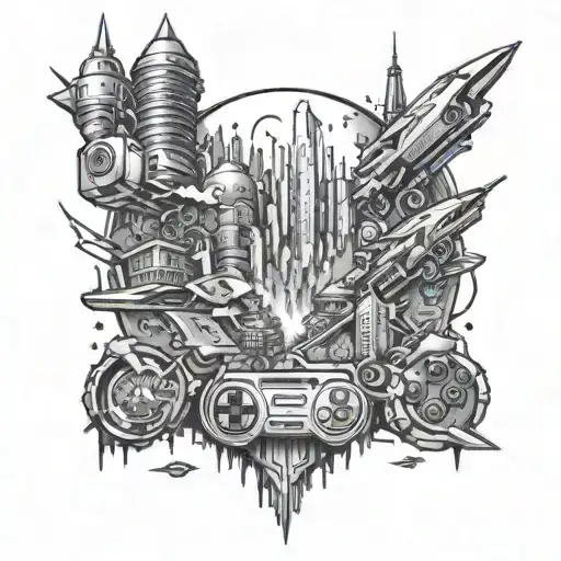 A tattoo design of a futuristic cityscape with hidden video game references scattered throughout, reflecting the client's love for gaming and urban environments. tattoo design idea