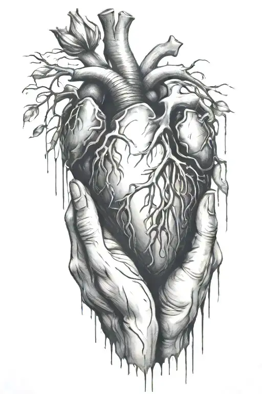 Two realistic hands holding a bleeding heartn presenting it as a present tattoo design idea