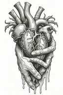 Two realistic hands holding a bleeding heartn presenting it as a present facing forward tattoo design idea