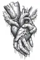 Two realistic hands holding a bleeding heartn presenting it as a present facing forward tattoo design idea