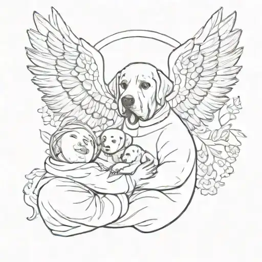 mom and dad holding an angel baby, bellow them a black labrador protecting them tattoo design idea