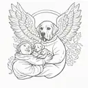 mom and dad holding an angel baby, bellow them a black labrador protecting them tattoo design idea