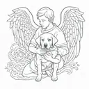 mom and dad holding an angel baby, bellow them a black labrador protecting them tattoo design idea