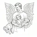 mom and dad holding an angel baby, bellow them a black labrador protecting them tattoo design idea