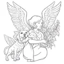 mom and dad holding an angel baby, bellow them a black labrador protecting them tattoo design idea