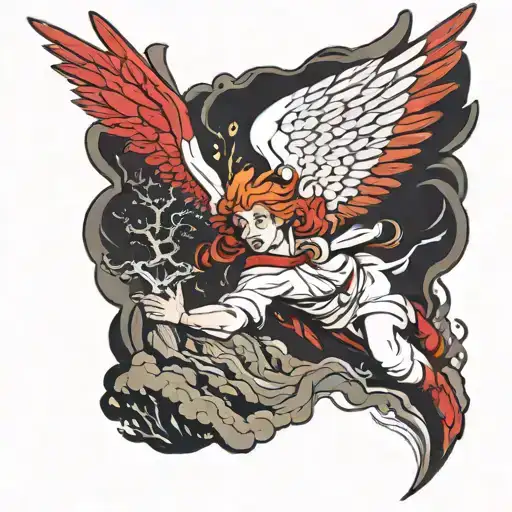Make a picture about a man falling down a dark valley and a white angel with red hair flying up. tattoo design idea