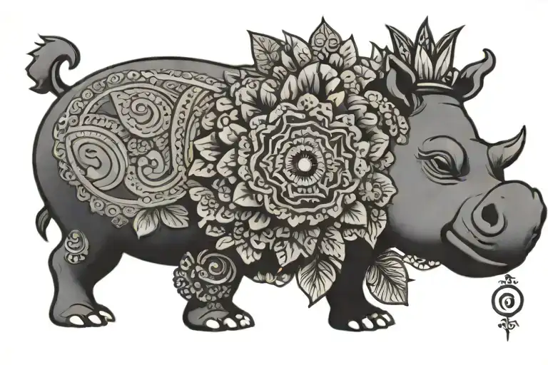 hippo eating upside down pineapple with mandala on sides  tattoo design idea